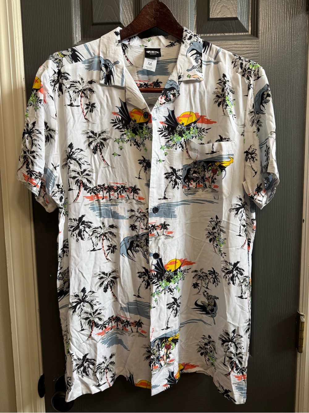 Batman White Tropical Button-Down Shirt with Sunset Print